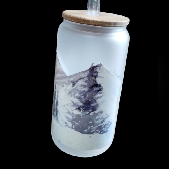 New handmade UVDTF White X-mas - Frosted Glass‎ Cup with Bamboo Lid & Straw - Picture 5 of 10